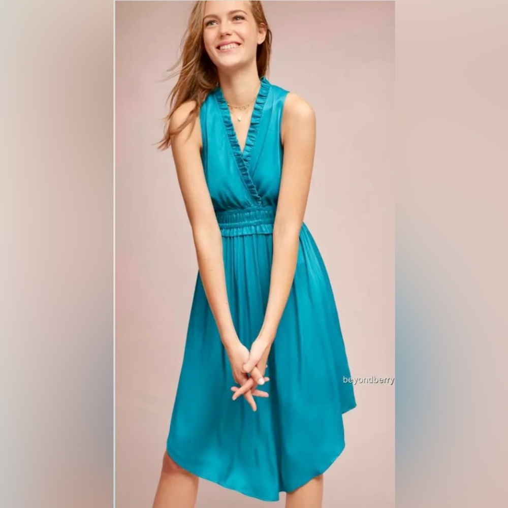 Anthropologie I Maeve Sleeveless La Habana Teal Midi Dress w High Low Dip Hem